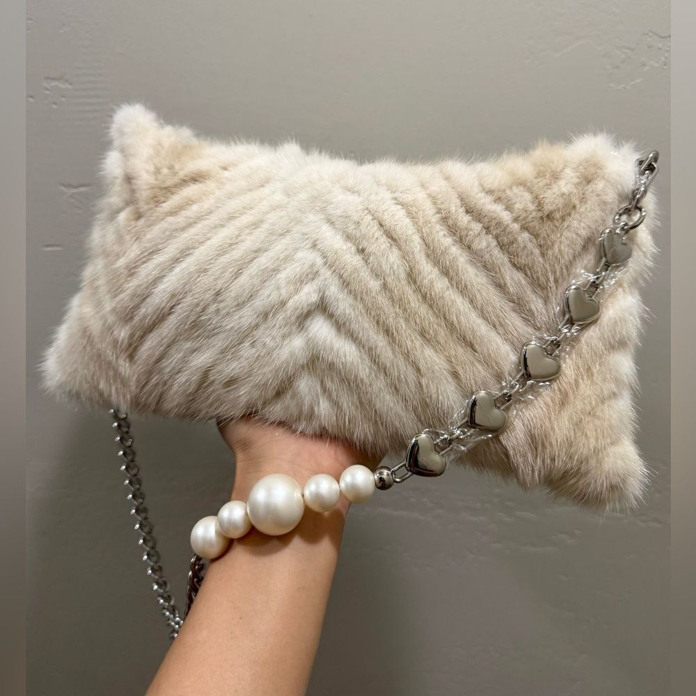 Cream Real Mink Fur Handmade Soft Slouchy Bag/Clutch/Shoulder Bag/Crossbody